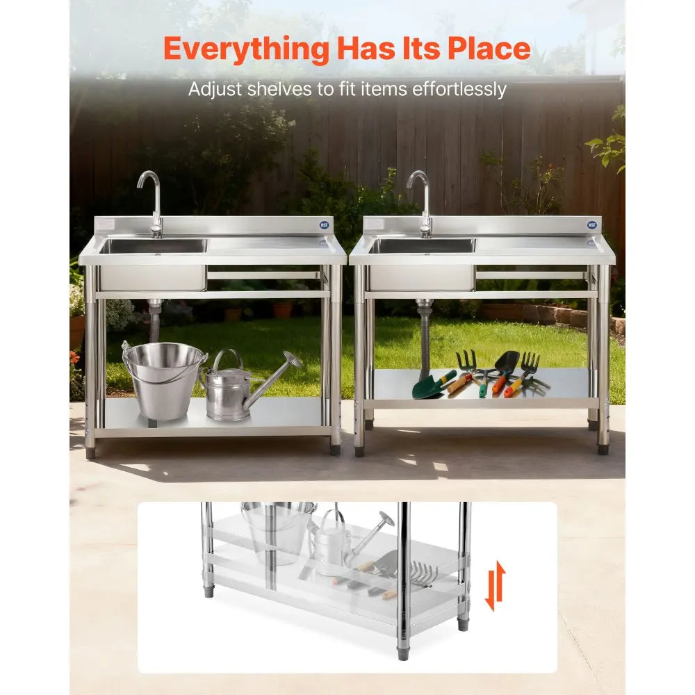 VEVOR Stainless Steel Utility Sink SS1200-1 adjustable shelf storage feature graphic
