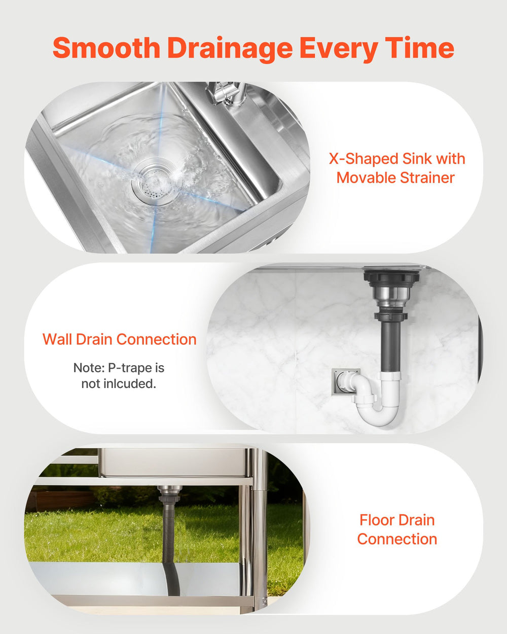 VEVOR sink drainage system with strainer and wall/floor drain connection options