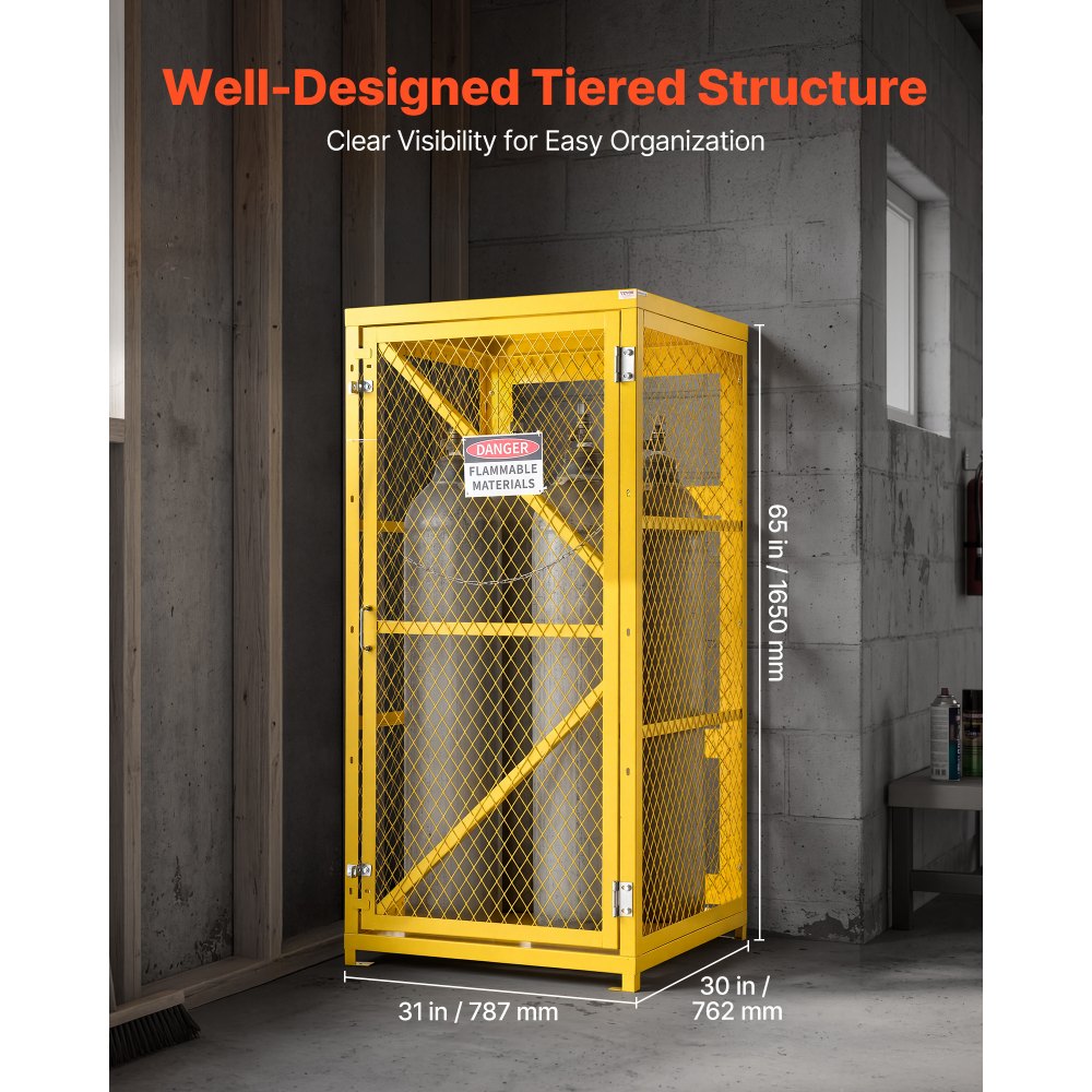 VEVOR Vertical Cylinder Storage Cabinet, 31"L x 30"W x 65"H, 9 Cylinder Capacity, Propane Storage Cage with Chain, Lock and Keys, Yellow Powder-Coated Carbon Steel, for Propane, Oxygen, Nitrogen