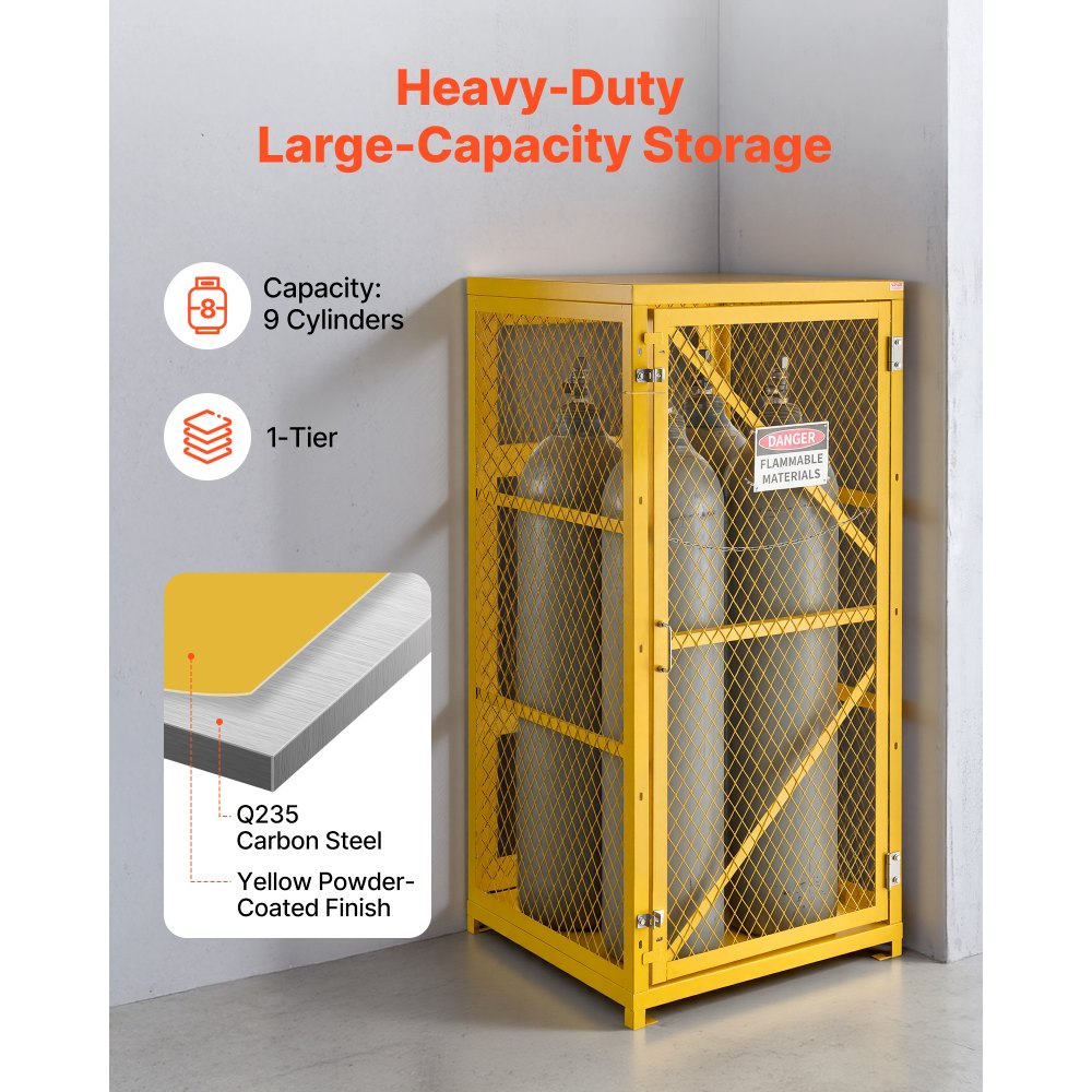 VEVOR Vertical Cylinder Storage Cabinet, 31"L x 30"W x 65"H, 9 Cylinder Capacity, Propane Storage Cage with Chain, Lock and Keys, Yellow Powder-Coated Carbon Steel, for Propane, Oxygen, Nitrogen