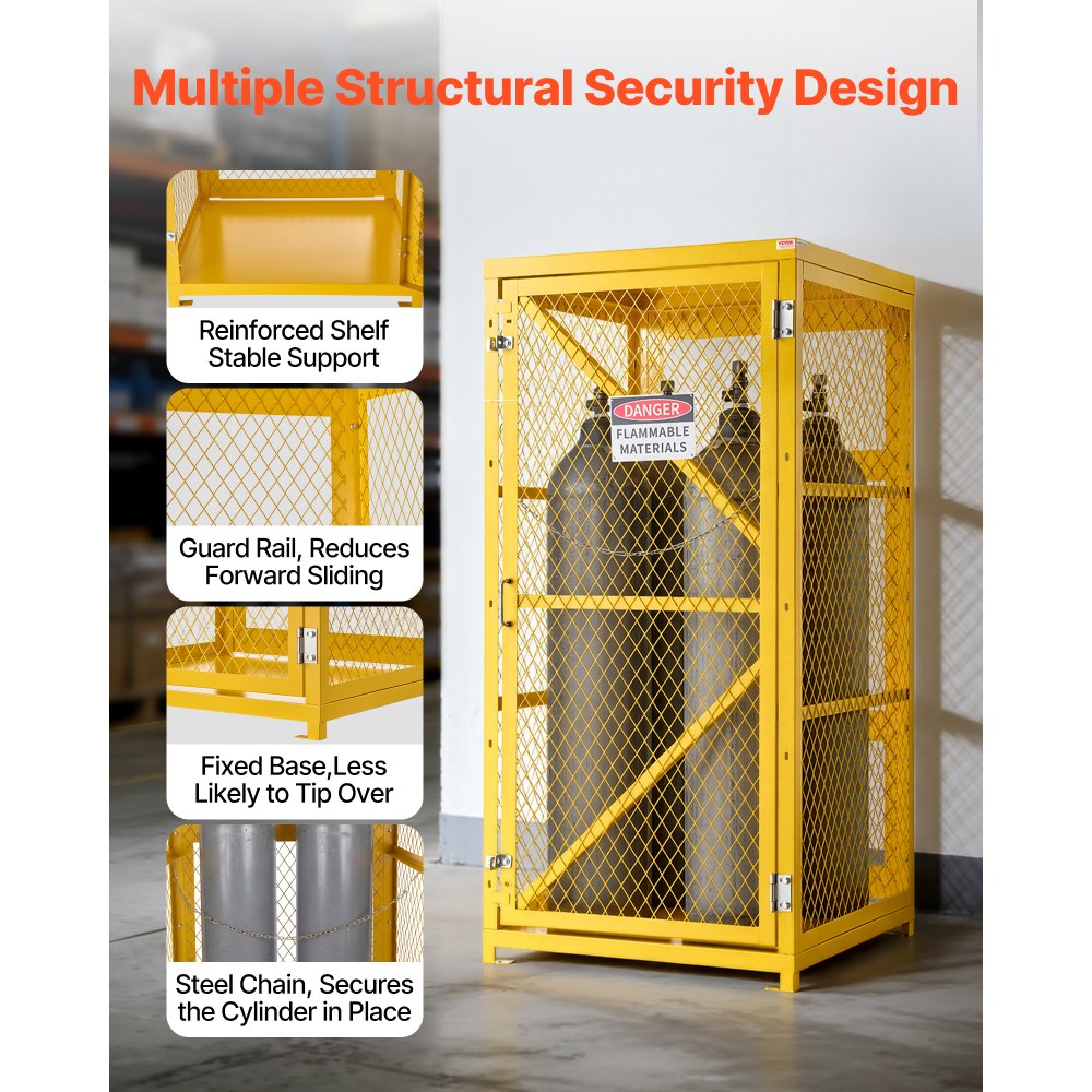 VEVOR Vertical Cylinder Storage Cabinet, 31"L x 30"W x 65"H, 9 Cylinder Capacity, Propane Storage Cage with Chain, Lock and Keys, Yellow Powder-Coated Carbon Steel, for Propane, Oxygen, Nitrogen