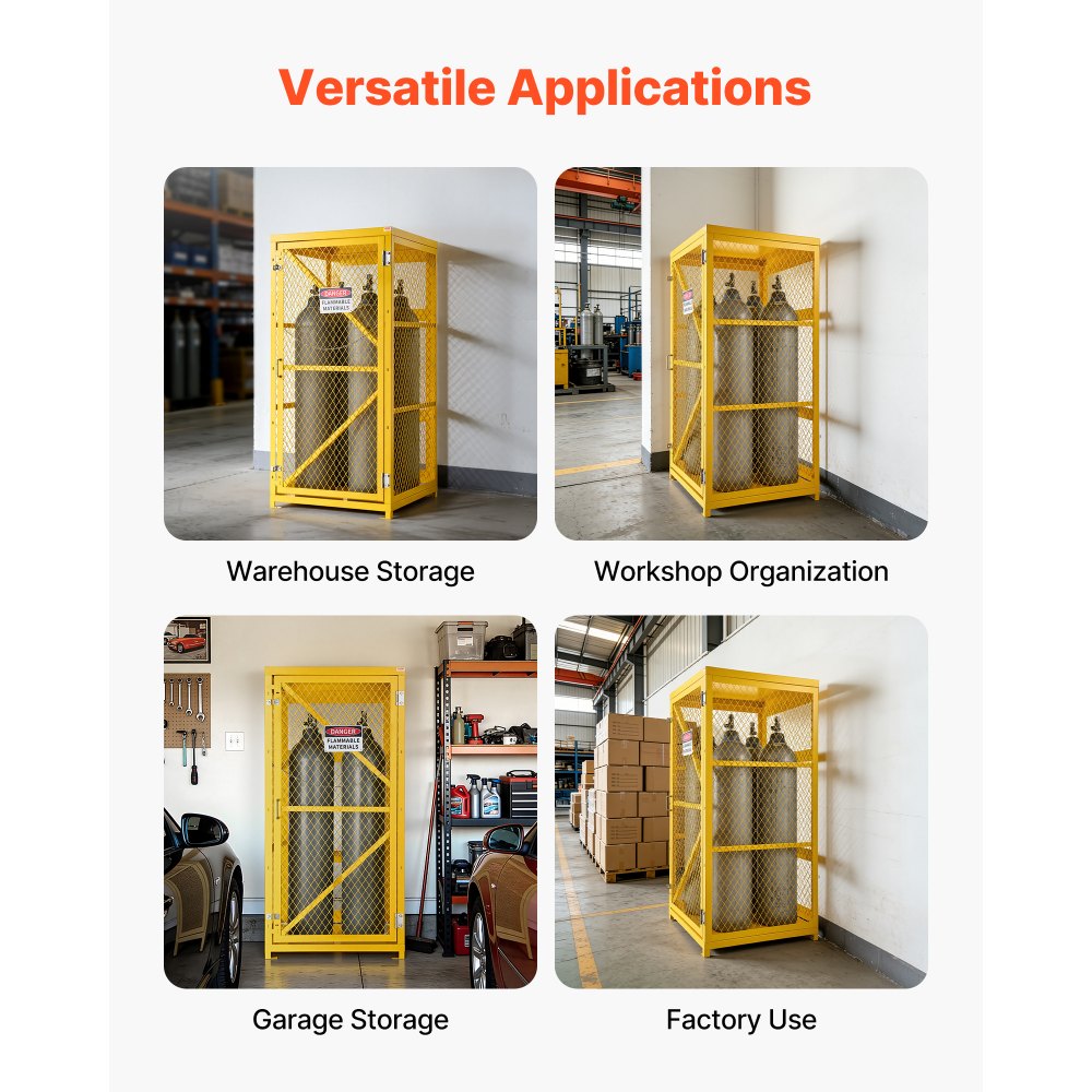 VEVOR Vertical Cylinder Storage Cabinet, 31"L x 30"W x 65"H, 9 Cylinder Capacity, Propane Storage Cage with Chain, Lock and Keys, Yellow Powder-Coated Carbon Steel, for Propane, Oxygen, Nitrogen