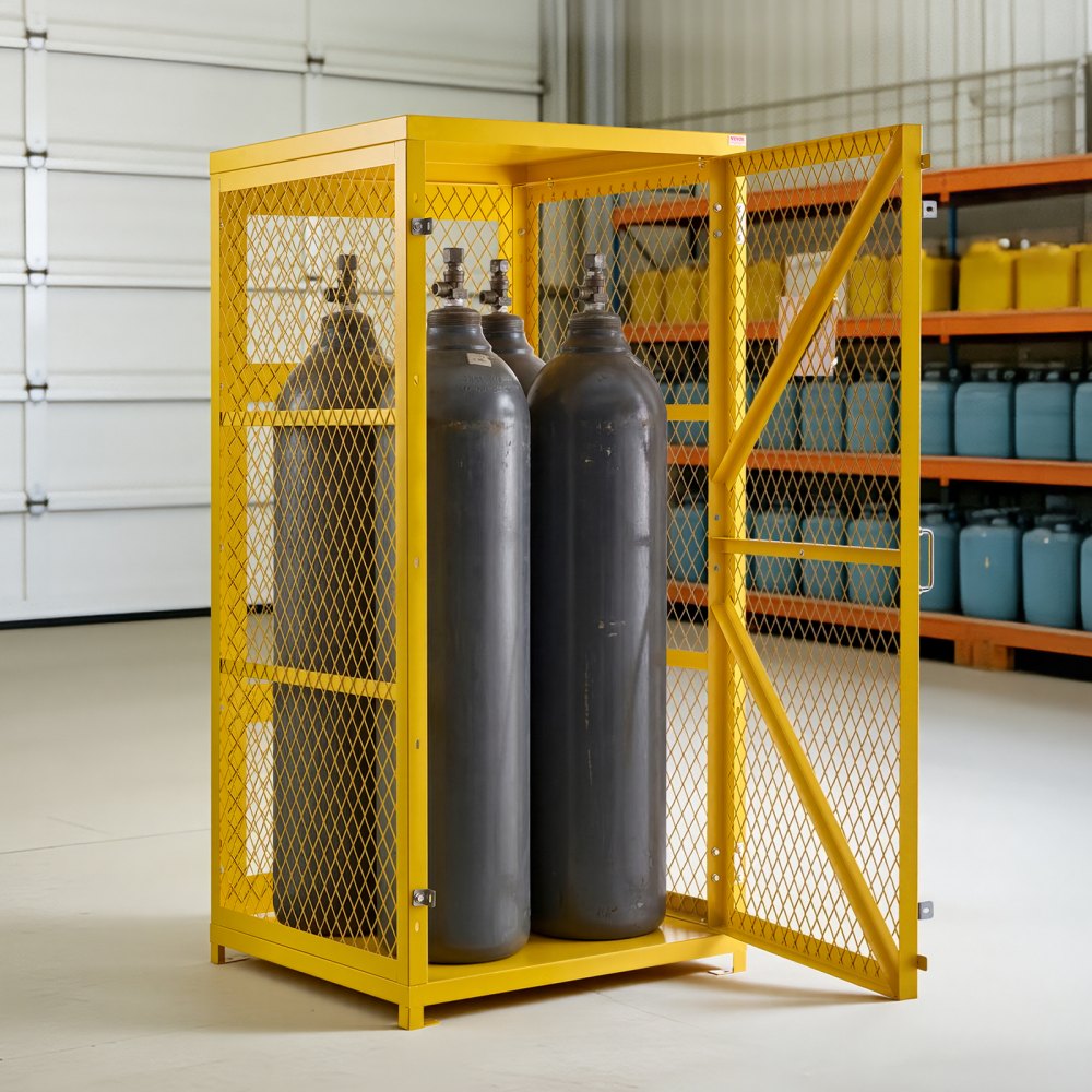 VEVOR Vertical Cylinder Storage Cabinet, 31"L x 30"W x 65"H, 9 Cylinder Capacity, Propane Storage Cage with Chain, Lock and Keys, Yellow Powder-Coated Carbon Steel, for Propane, Oxygen, Nitrogen