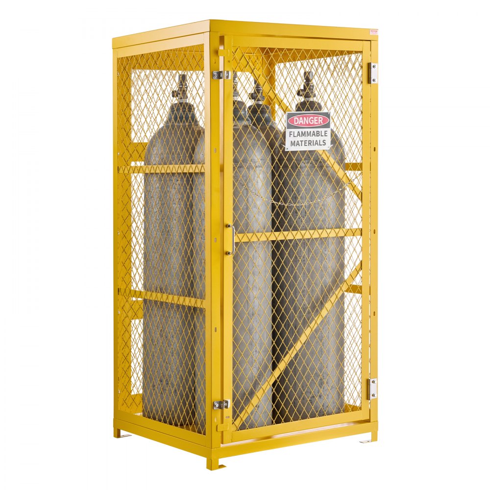 VEVOR Vertical Cylinder Storage Cabinet, 31"L x 30"W x 65"H, 9 Cylinder Capacity, Propane Storage Cage with Chain, Lock and Keys, Yellow Powder-Coated Carbon Steel, for Propane, Oxygen, Nitrogen