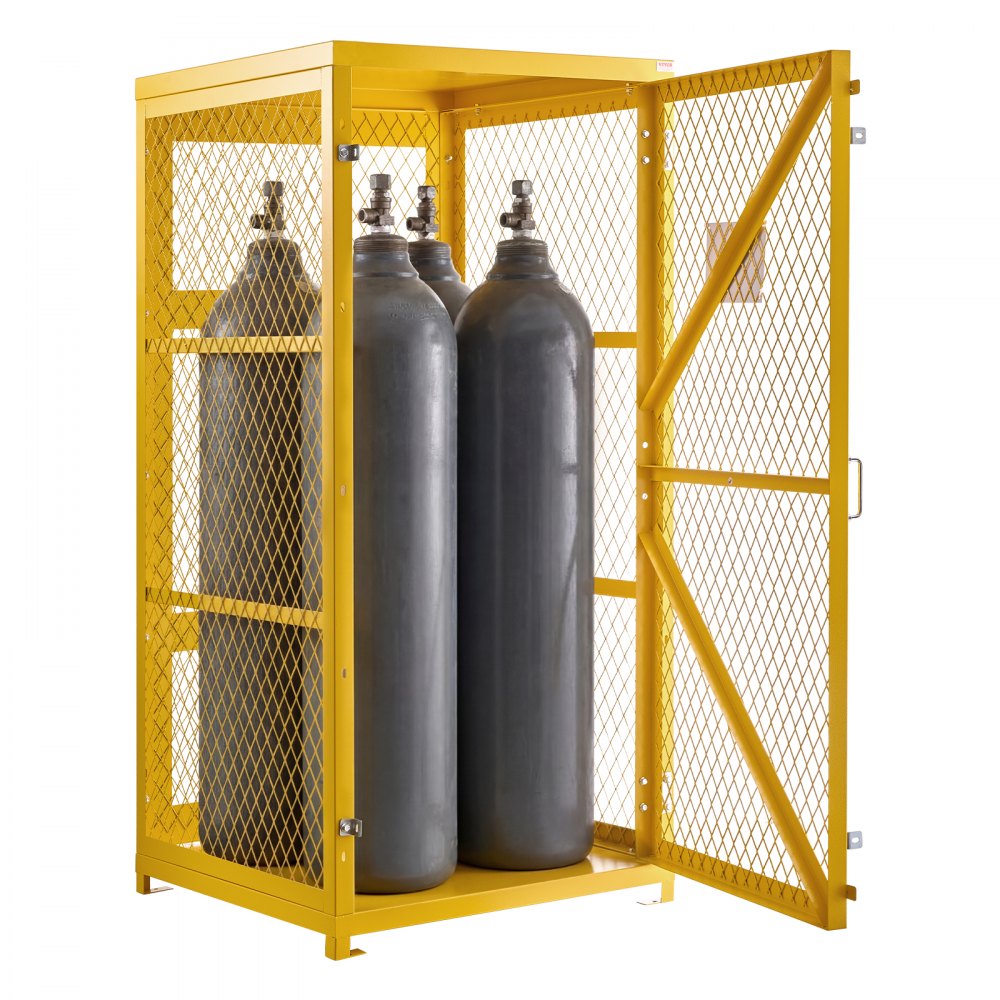 VEVOR Vertical Cylinder Storage Cabinet, 31"L x 30"W x 65"H, 9 Cylinder Capacity, Propane Storage Cage with Chain, Lock and Keys, Yellow Powder-Coated Carbon Steel, for Propane, Oxygen, Nitrogen