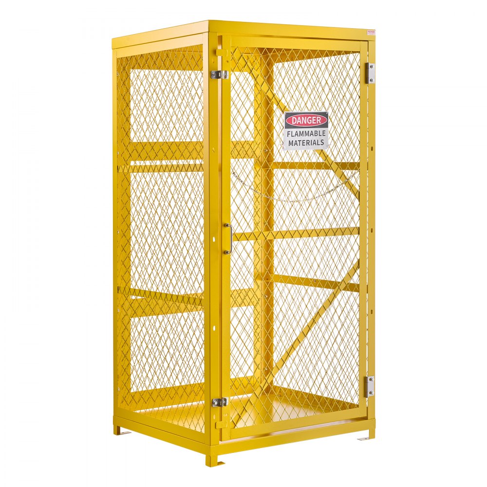 VEVOR Vertical Cylinder Storage Cabinet, 31"L x 30"W x 65"H, 9 Cylinder Capacity, Propane Storage Cage with Chain, Lock and Keys, Yellow Powder-Coated Carbon Steel, for Propane, Oxygen, Nitrogen