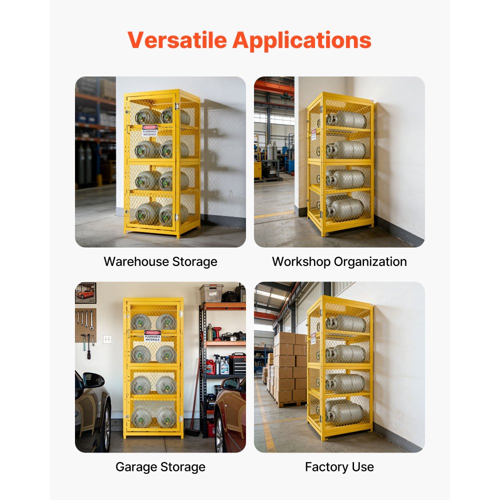 VEVOR Horizontal Cylinder Storage Cabinet, 30"L x 30"W x 70.3"H, 8 Cylinder Capacity, 4-Tier Propane Storage Cage, with Lock and Keys, Yellow Powder-Coated Carbon Steel, for Propane, Oxygen, Nitrogen