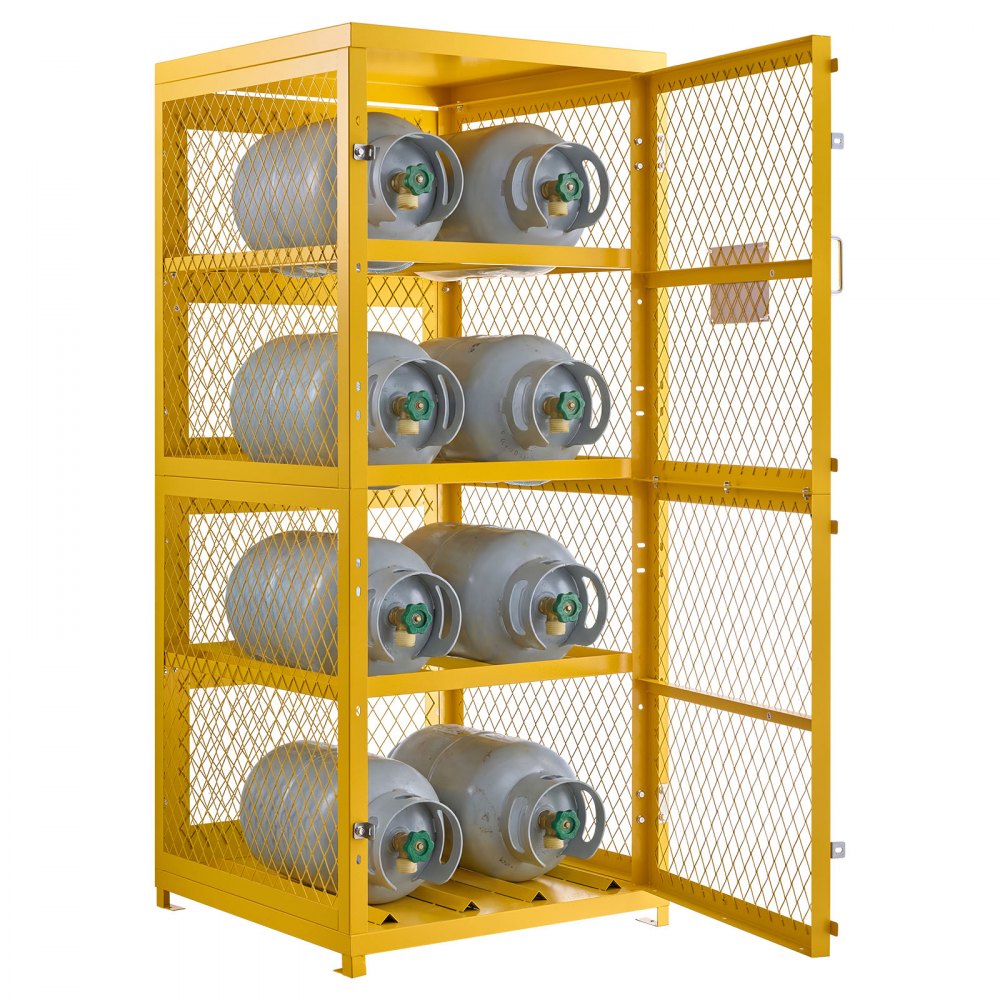 VEVOR Horizontal Cylinder Storage Cabinet, 30"L x 30"W x 70.3"H, 8 Cylinder Capacity, 4-Tier Propane Storage Cage, with Lock and Keys, Yellow Powder-Coated Carbon Steel, for Propane, Oxygen, Nitrogen