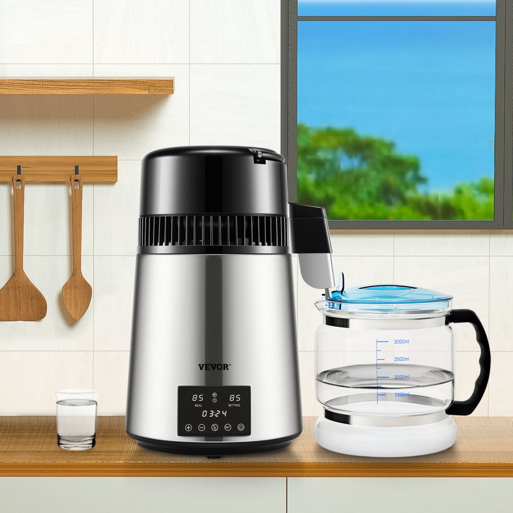 VEVOR 1.1Gal Water Distiller, 0.4Gal/H, Distilled Water Maker Machine 1750W 0-99H Timing Dual Temp Display, 304 Stainless Steel Countertop Distiller Glass Carafe Cleaning Powder 3 Carbon Packs, Silver