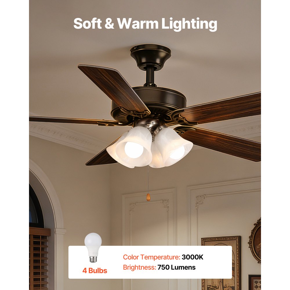 VEVOR Ceiling Fan Light Kit, Four-Light 3000K 750lm Fan Light Kit with Pull Chain, Replacement Light Fixture for Living Room, Bedroom, Home Decor, Cloud White Glass Shade Brushed Nickel, Floral Shape