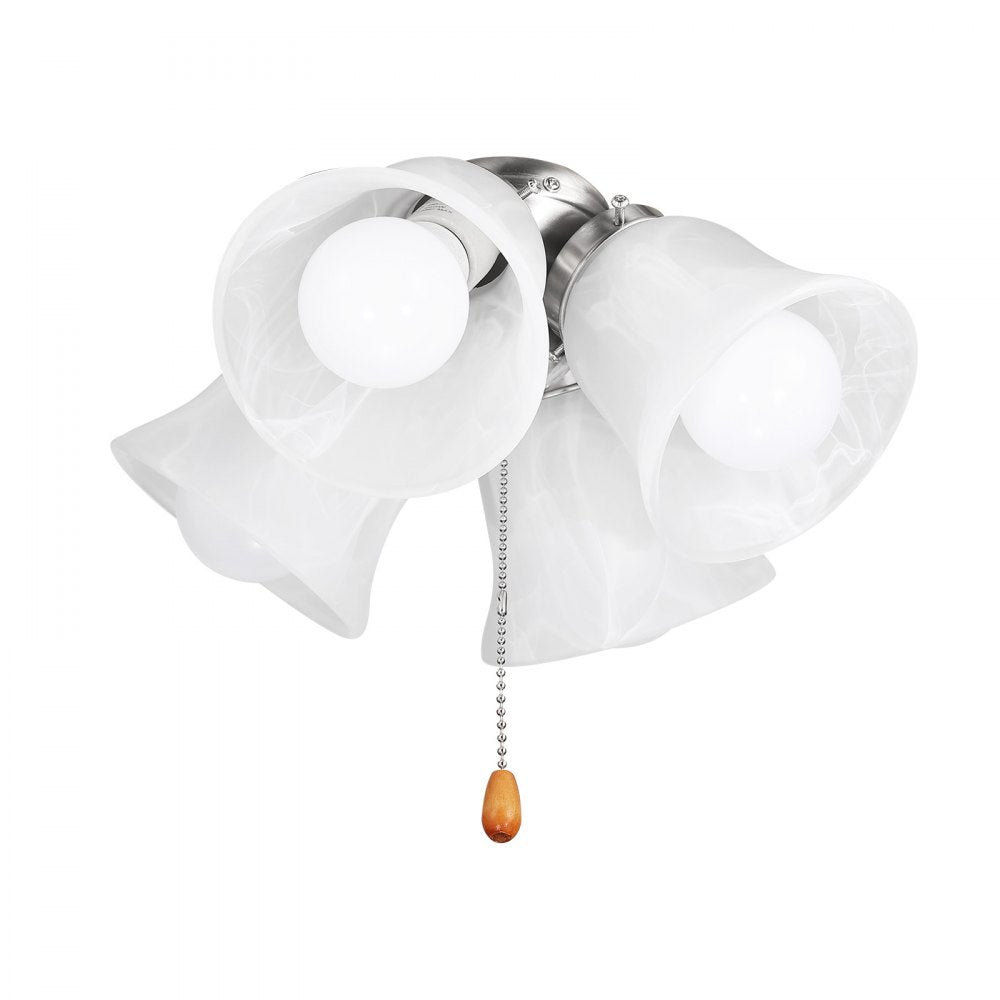 VEVOR Ceiling Fan Light Kit, Four-Light 3000K 750lm Fan Light Kit with Pull Chain, Replacement Light Fixture for Living Room, Bedroom, Home Decor, Cloud White Glass Shade Brushed Nickel, Floral Shape