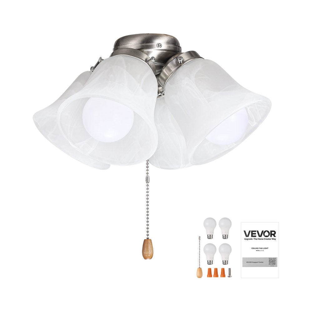 VEVOR Ceiling Fan Light Kit, Four-Light 3000K 750lm Fan Light Kit with Pull Chain, Replacement Light Fixture for Living Room, Bedroom, Home Decor, Cloud White Glass Shade Brushed Nickel, Floral Shape