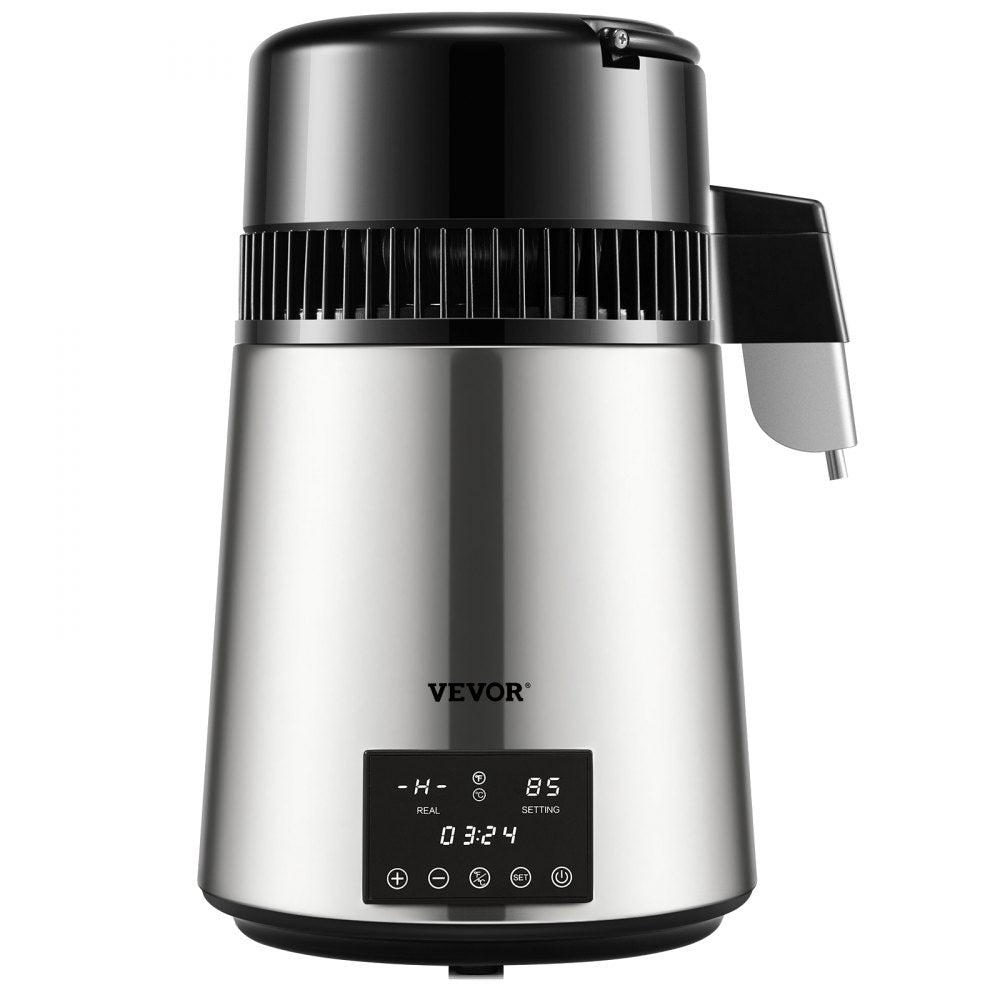VEVOR 1.1Gal Water Distiller, 0.3Gal/H, 750W Distilled Water Maker Machine 0-99H Timing Dual Temp Display, 304 Stainless Steel Countertop Distiller Glass Carafe Cleaning Powder 3 Carbon Packs, Silver