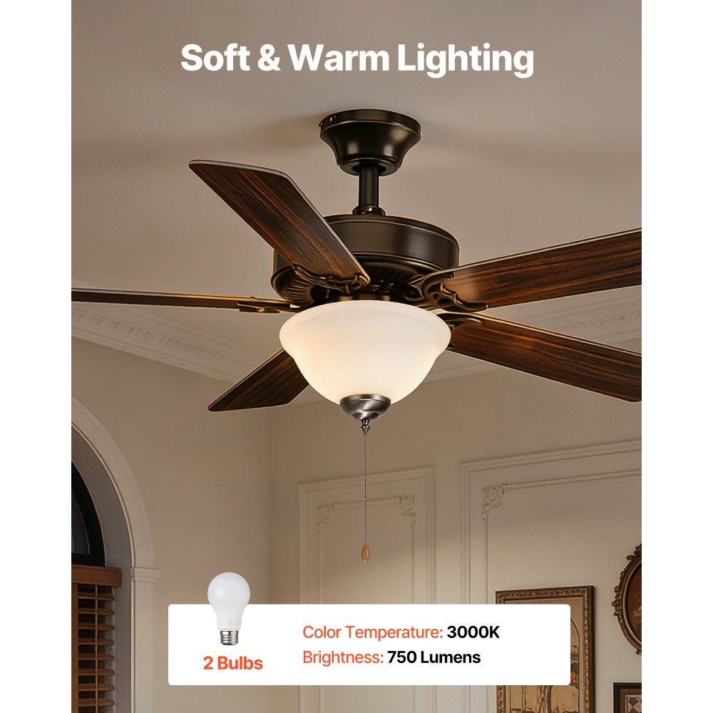 VEVOR Ceiling Fan Light Kit, 750lm 3000K Bowl Shaped Fan Light Kit with Pull Chain, 2 LED Bulbs, Replacement Fixture for Living Room, Dining Room, Bedroom, Indoor, White Glass Shade Brushed Nickel