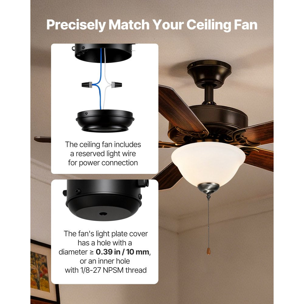 VEVOR Ceiling Fan Light Kit, 750lm 3000K Bowl Shaped Fan Light Kit with Pull Chain, 2 LED Bulbs, Replacement Fixture for Living Room, Dining Room, Bedroom, Indoor, White Glass Shade Brushed Nickel