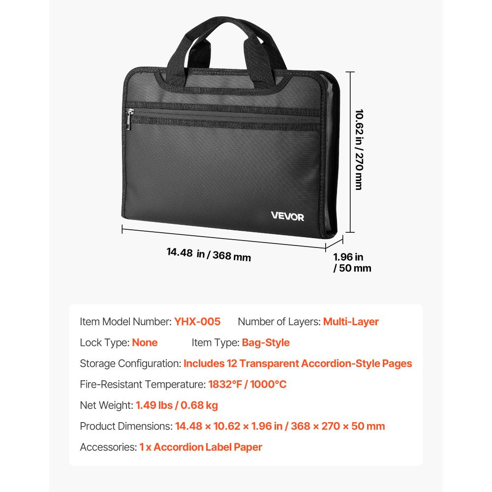 VEVOR Fireproof Document Bag, 1832 ℉ Heat Insulated Fireproof & Waterproof Bag, Portable Multi-Layer File Storage Security Organizer Home Office Travel Use, for Passports, Important Documents, Files
