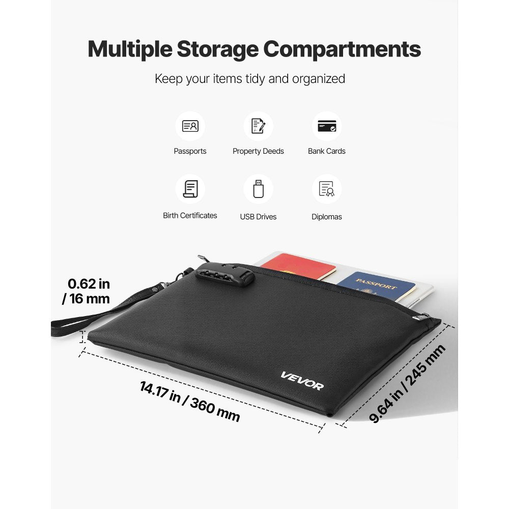VEVOR Fireproof Document Bag, 1832 ℉ Heat Insulated Fireproof & Waterproof Bag with Lock, Portable File Storage Security Organizer Home Office Travel Use, for Passports, Important Documents & Files