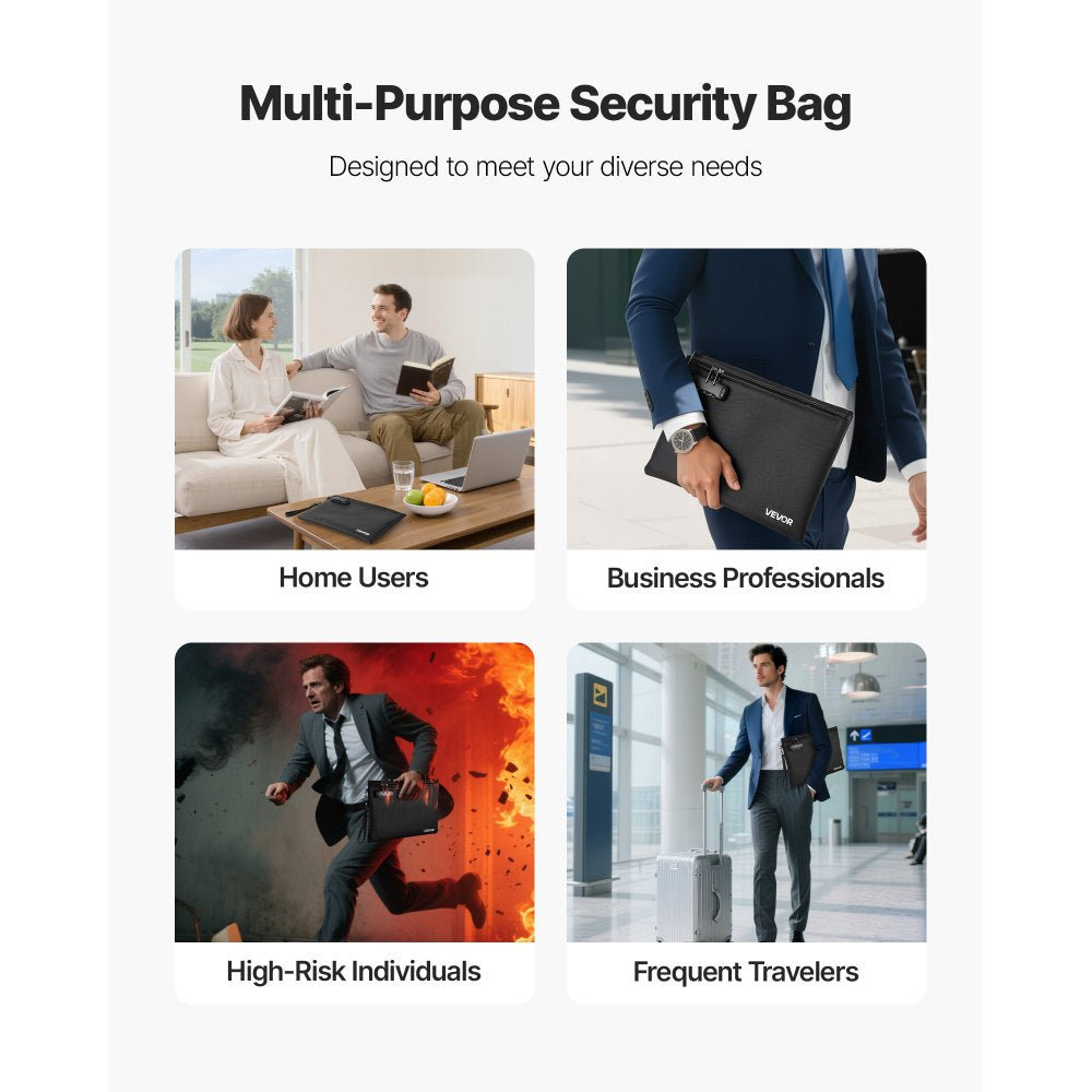 VEVOR Fireproof Document Bag, 1832 ℉ Heat Insulated Fireproof & Waterproof Bag with Lock, Portable File Storage Security Organizer Home Office Travel Use, for Passports, Important Documents & Files
