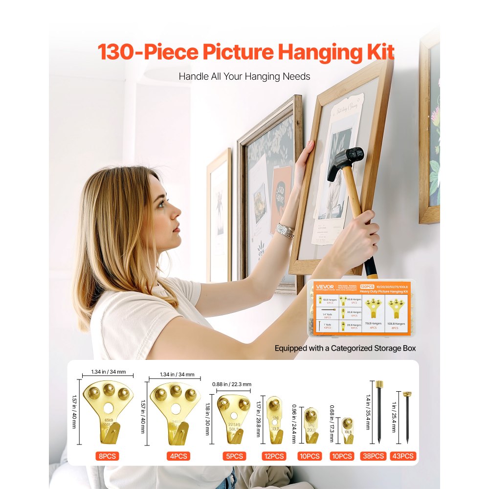 VEVOR 130 Pieces Picture Hanging Kit, 10lb, 20lb, 30lb, 50lb, 75lb and 100lb Picture Hangers, Metal Pictures Hanging Hooks with Nails for Mirror, Painting, Photo Frame on Drywall & Wooden Wall, Gold