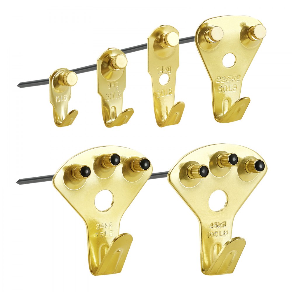 VEVOR 130 Pieces Picture Hanging Kit, 10lb, 20lb, 30lb, 50lb, 75lb and 100lb Picture Hangers, Metal Pictures Hanging Hooks with Nails for Mirror, Painting, Photo Frame on Drywall & Wooden Wall, Gold