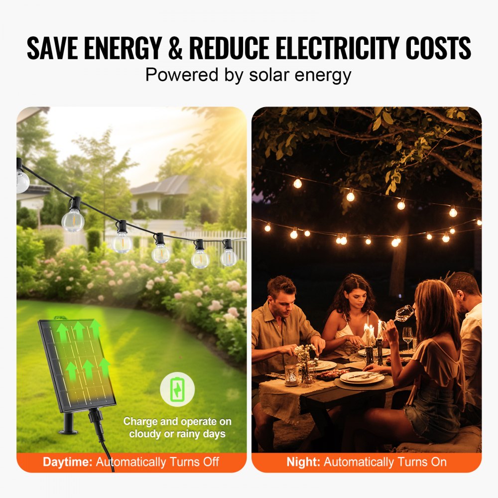 VEVOR Solar Outdoor String Lights, 100FT, 2700K Dimmable Patio Lights with Remote Control, 50 Solar Powered LED G40 Bulbs, Waterproof Hanging Lights for Outside Porch Backyard Garden Bistro Decor