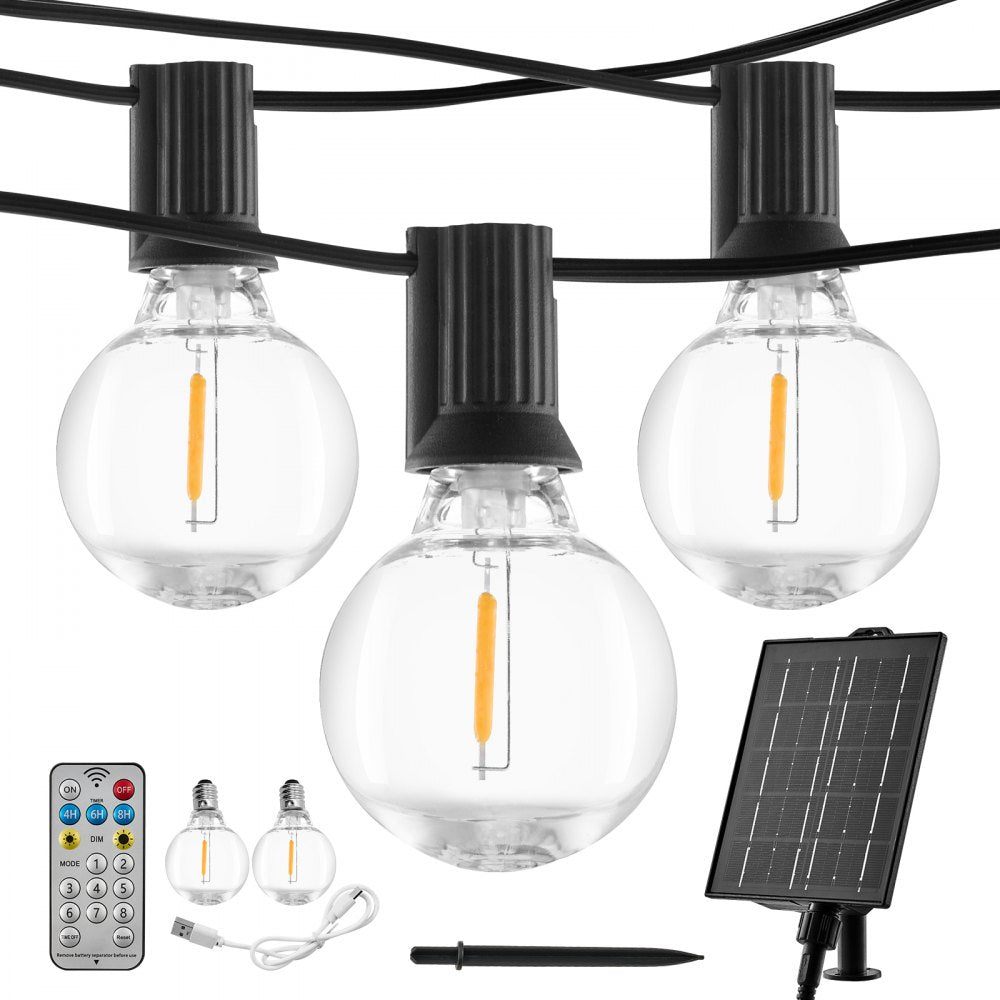 VEVOR Solar Outdoor String Lights, 100FT, 2700K Dimmable Patio Lights with Remote Control, 50 Solar Powered LED G40 Bulbs, Waterproof Hanging Lights for Outside Porch Backyard Garden Bistro Decor