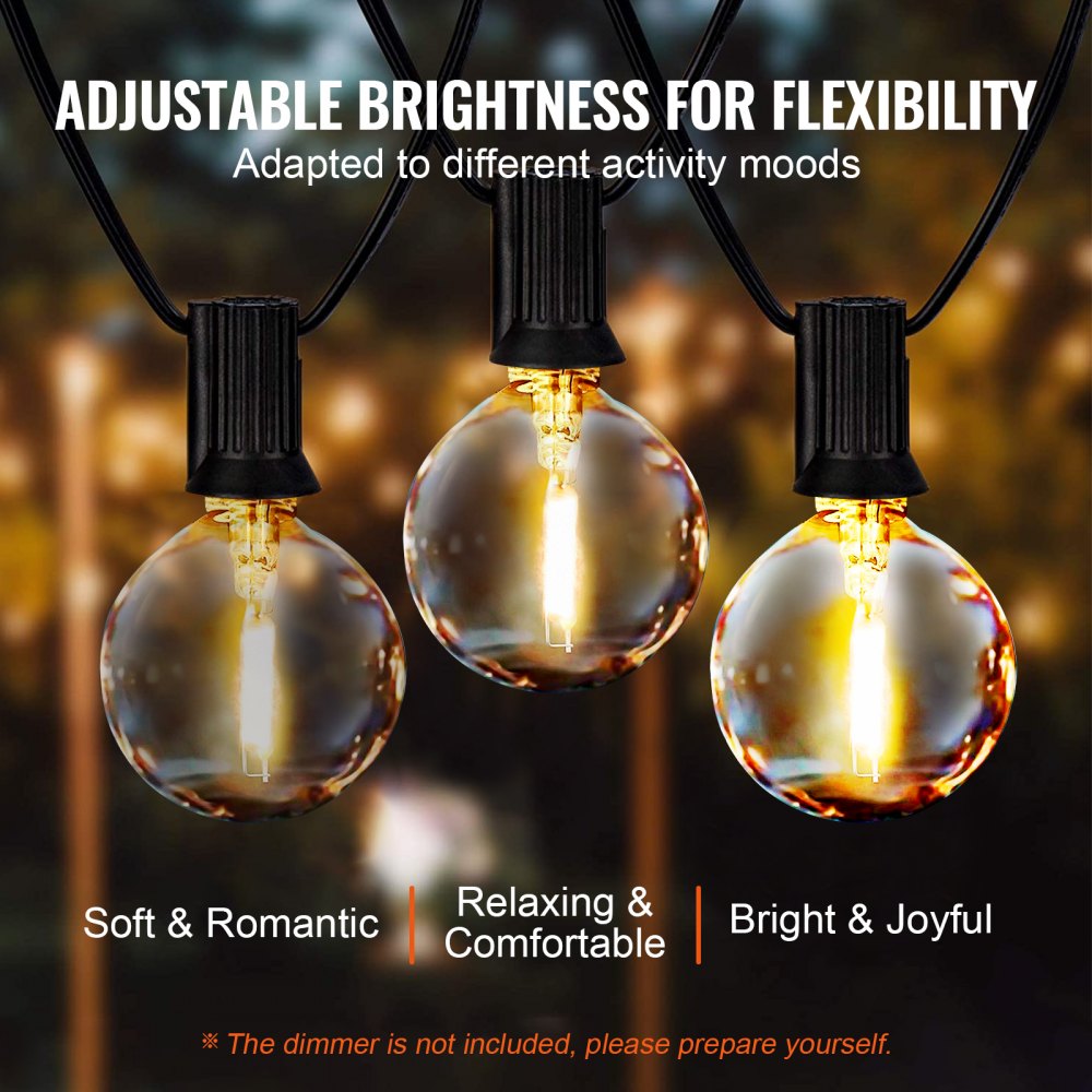 VEVOR LED Outdoor String Lights, 100FT, 2700K Dimmable Outside Patio Lights with 50 G40 Shatterproof Bulbs E12 Socket Base, Waterproof Hanging Lights for Porch Backyard Garden Balcony Party Decor
