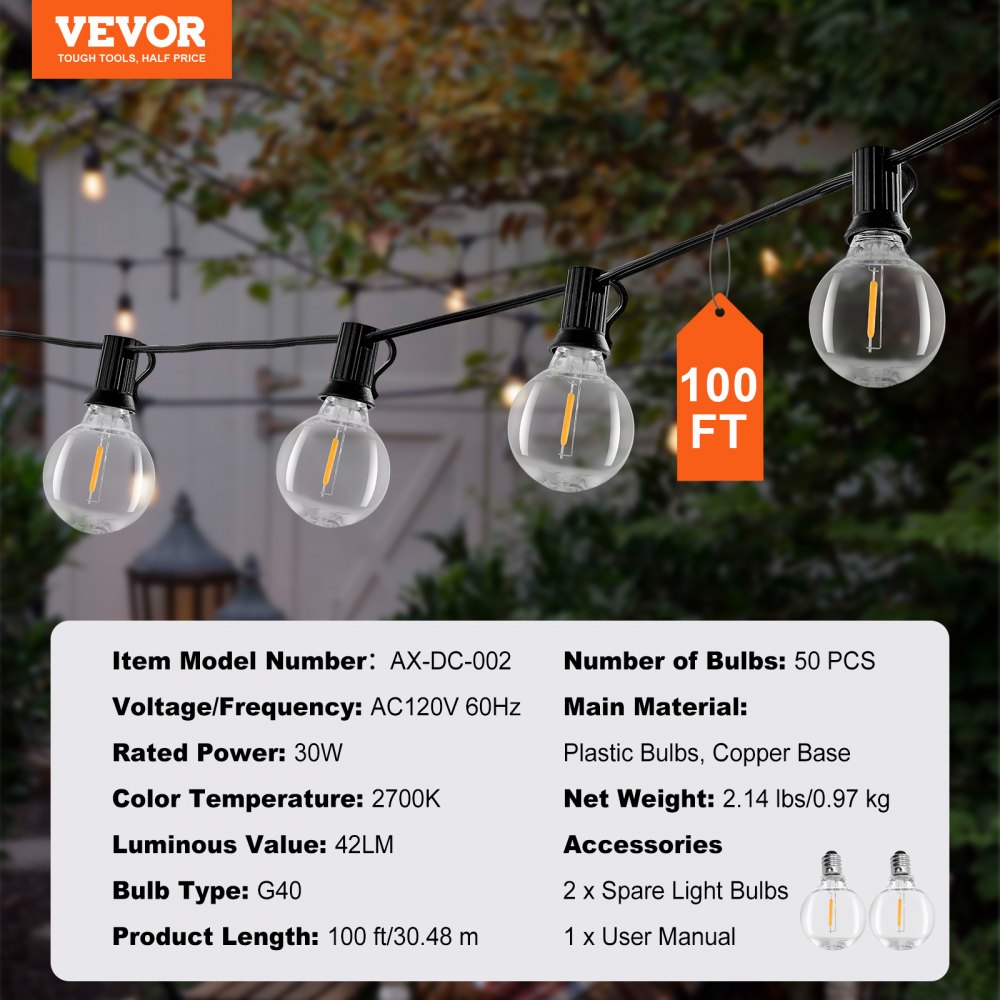 VEVOR LED Outdoor String Lights, 100FT, 2700K Dimmable Outside Patio Lights with 50 G40 Shatterproof Bulbs E12 Socket Base, Waterproof Hanging Lights for Porch Backyard Garden Balcony Party Decor