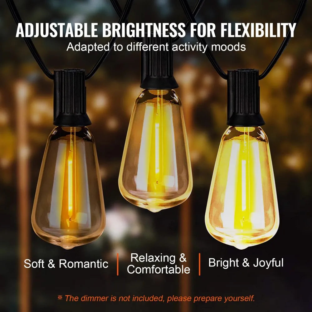 VEVOR LED Outdoor String Lights, 200FT, 2700K Dimmable Outside Patio Lights with 100 ST38 Shatterproof Bulbs E12 Socket Base, Waterproof Hanging Lights for Porch Backyard Garden Balcony Party Decor