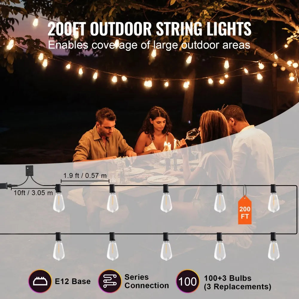 VEVOR LED Outdoor String Lights, 200FT, 2700K Dimmable Outside Patio Lights with 100 ST38 Shatterproof Bulbs E12 Socket Base, Waterproof Hanging Lights for Porch Backyard Garden Balcony Party Decor