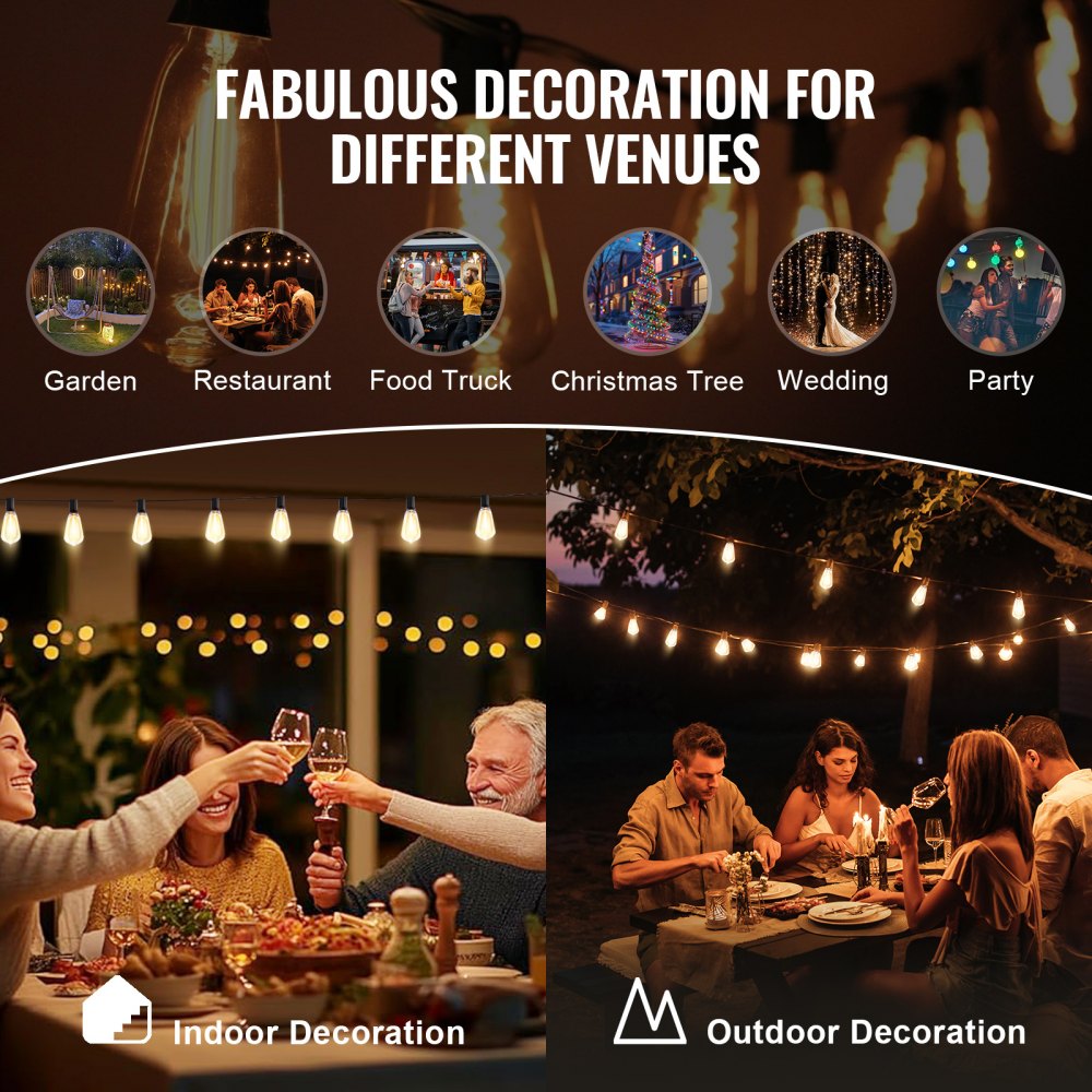 VEVOR LED Outdoor String Lights, 200FT, 2700K Dimmable Outside Patio Lights with 100 ST38 Shatterproof Bulbs E12 Socket Base, Waterproof Hanging Lights for Porch Backyard Garden Balcony Party Decor