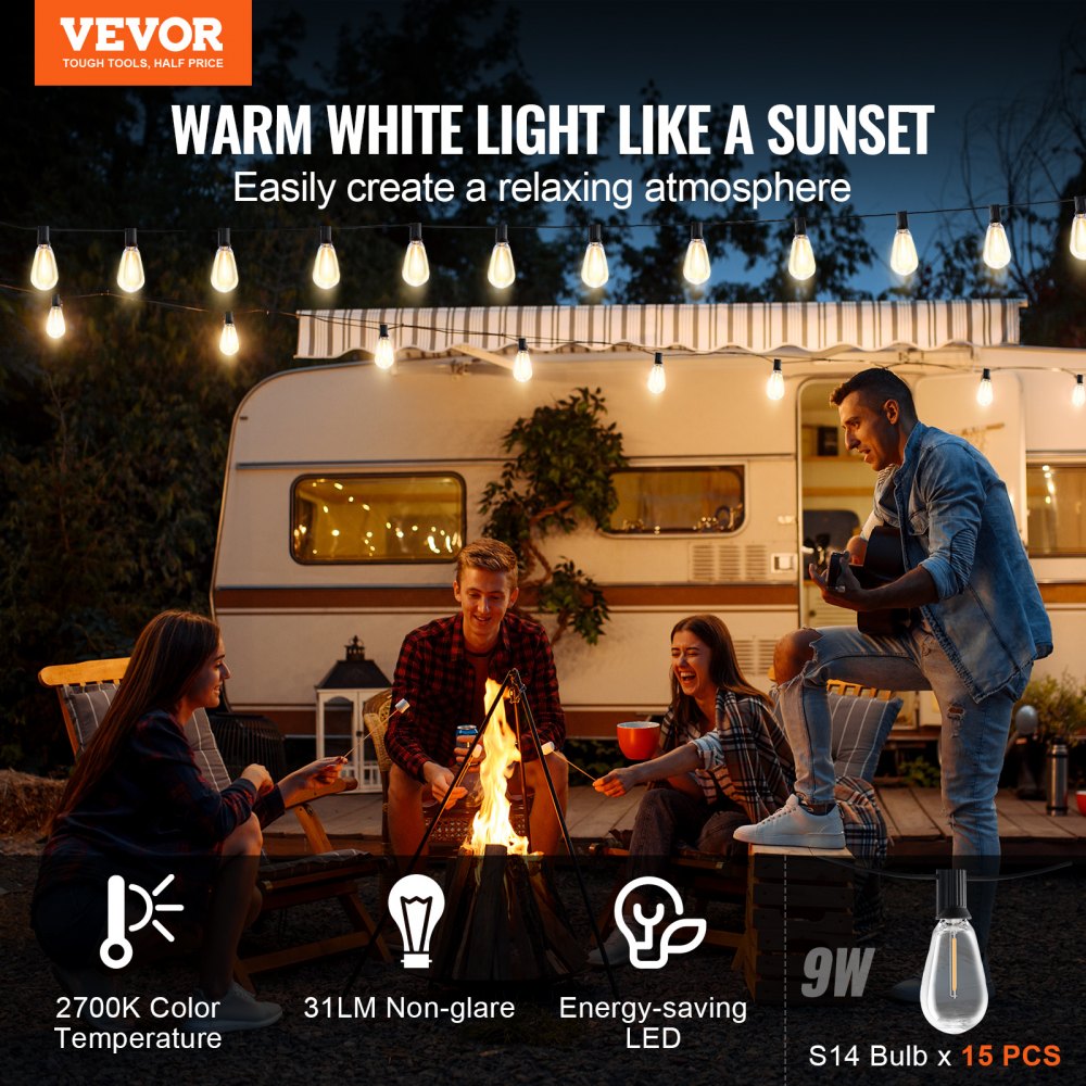 VEVOR LED Outdoor String Lights, 50FT, 2700K Dimmable Outside Patio Lights with 15 S14 Shatterproof Bulbs E12 Socket Base, Waterproof Hanging Lights for Porch Backyard Garden Balcony Deck Party Decor