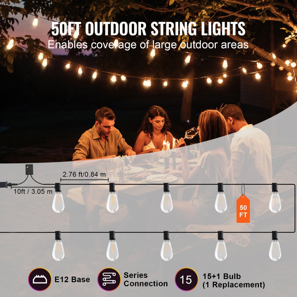 VEVOR LED Outdoor String Lights, 50FT, 2700K Dimmable Outside Patio Lights with 15 S14 Shatterproof Bulbs E12 Socket Base, Waterproof Hanging Lights for Porch Backyard Garden Balcony Deck Party Decor