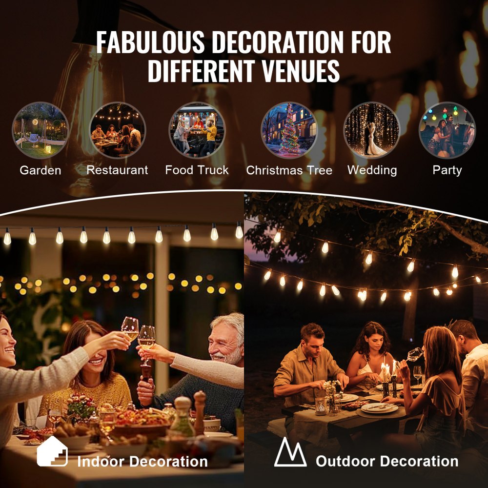 VEVOR LED Outdoor String Lights, 50FT, 2700K Dimmable Outside Patio Lights with 15 S14 Shatterproof Bulbs E12 Socket Base, Waterproof Hanging Lights for Porch Backyard Garden Balcony Deck Party Decor