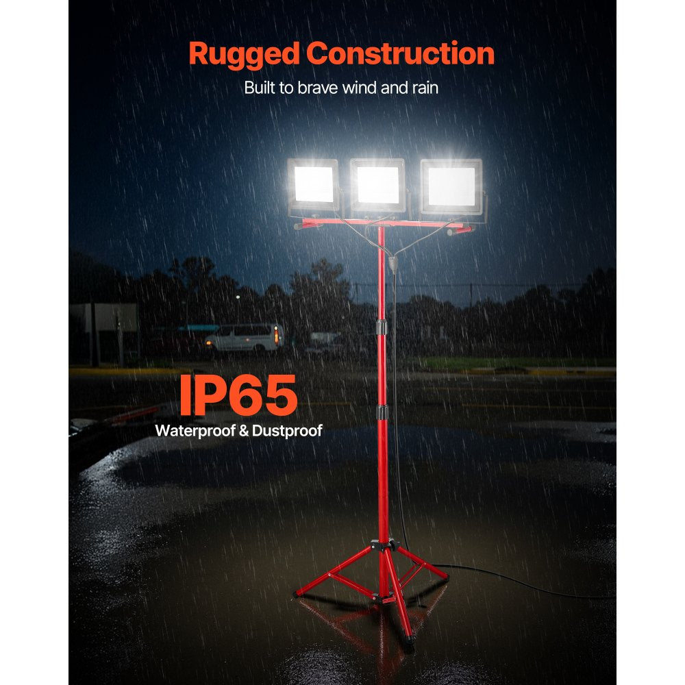 VEVOR LED Work Light with Stand, 21000 Lumens, Three-Head Portable Camping Light with Individual Switch, Tripod Stand, 10.83 ft Power Cord, for Indoor Outdoor Job Site Construction, IP65 Waterproof