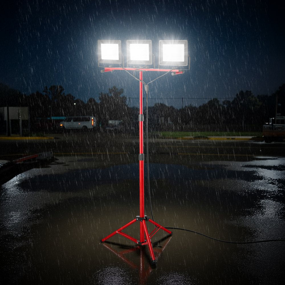 VEVOR LED Work Light with Stand, 21000 Lumens, Three-Head Portable Camping Light with Individual Switch, Tripod Stand, 10.83 ft Power Cord, for Indoor Outdoor Job Site Construction, IP65 Waterproof