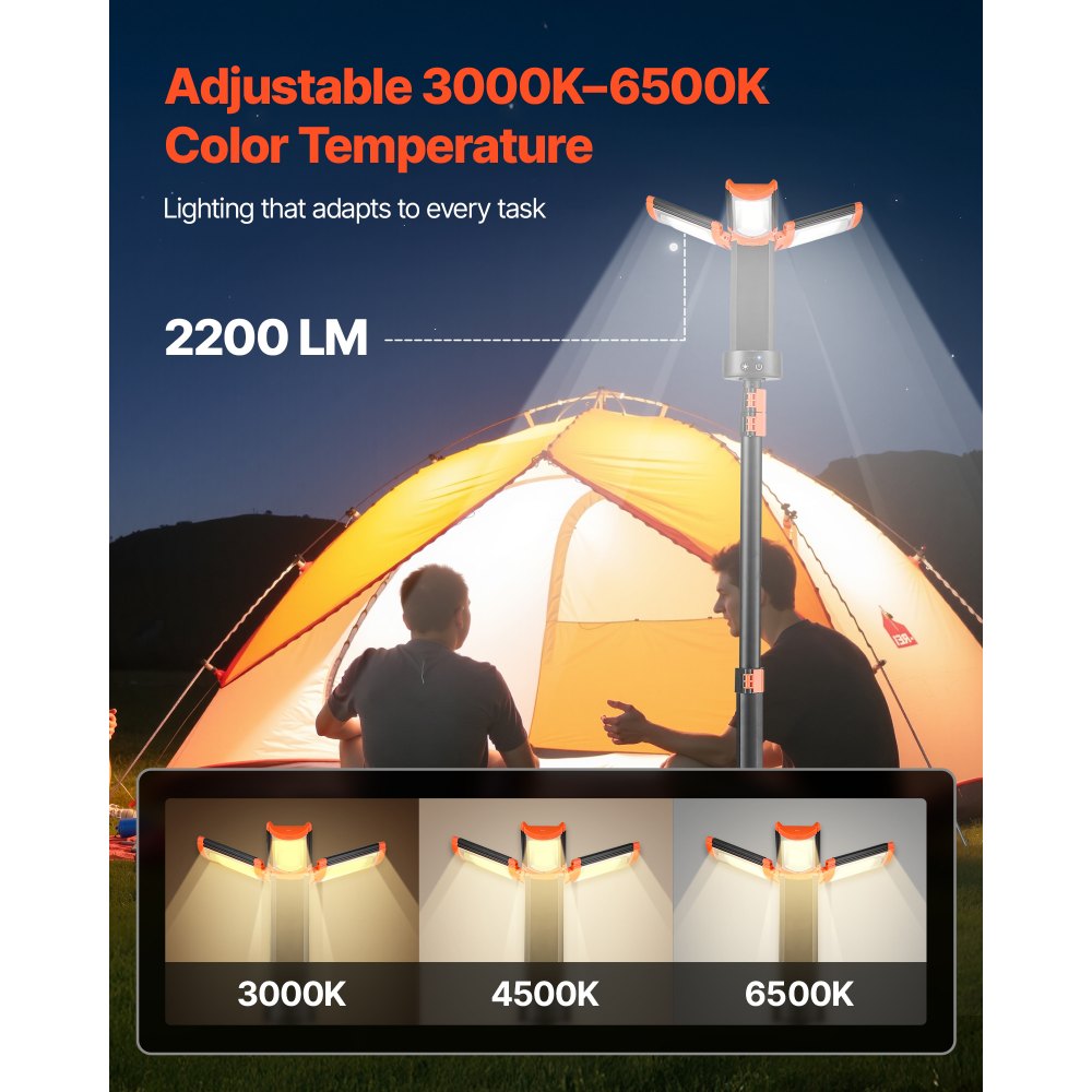 VEVOR LED Work Light with Stand, 6Ah, Rechargeable Cordless Camping Light, with 3 Lamp Heads, Detachable Tripod Stand, 2200 Lumens 3000K-6500K Dimmable, Portable Construction Lighting for Job Site