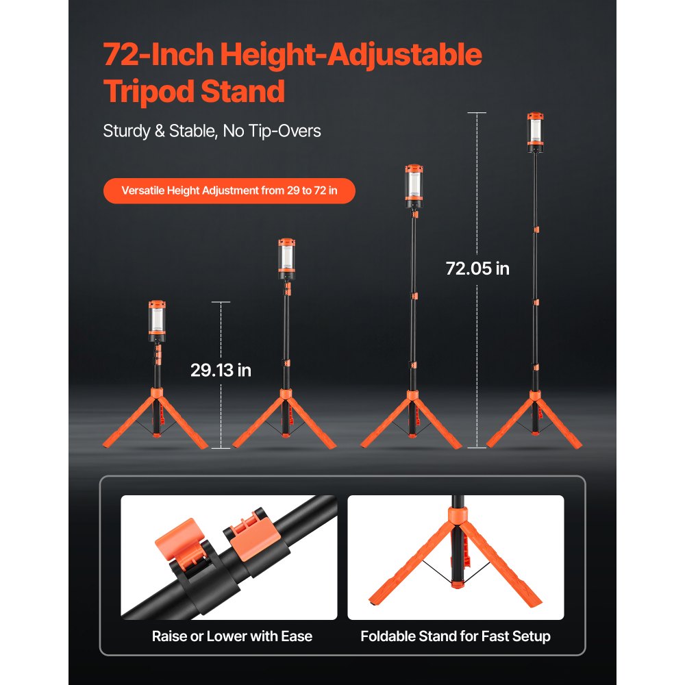 VEVOR LED Work Light with Stand, 6Ah, Rechargeable Cordless Camping Light, with 3 Lamp Heads, Detachable Tripod Stand, 2200 Lumens 3000K-6500K Dimmable, Portable Construction Lighting for Job Site