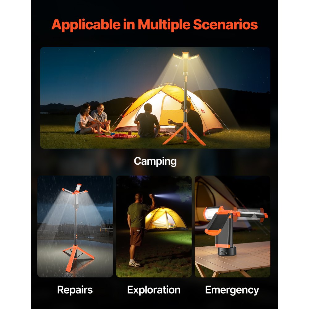 VEVOR LED Work Light with Stand, 6Ah, Rechargeable Cordless Camping Light, with 3 Lamp Heads, Detachable Tripod Stand, 2200 Lumens 3000K-6500K Dimmable, Portable Construction Lighting for Job Site