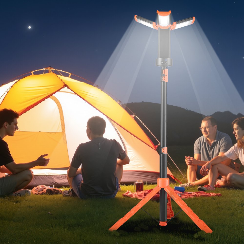 VEVOR LED Work Light with Stand, 6Ah, Rechargeable Cordless Camping Light, with 3 Lamp Heads, Detachable Tripod Stand, 2200 Lumens 3000K-6500K Dimmable, Portable Construction Lighting for Job Site