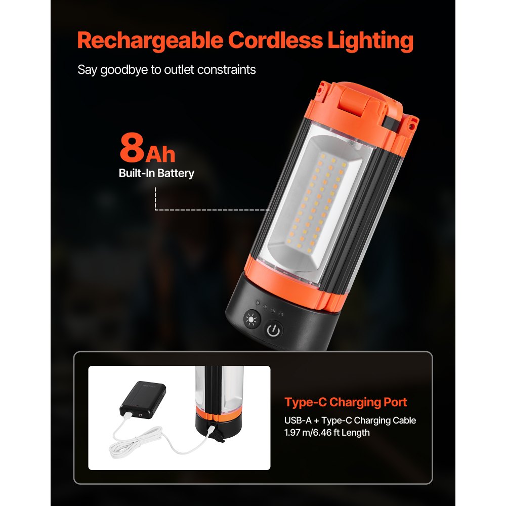 VEVOR LED Work Light with Stand, 8Ah, Rechargeable Cordless Camping Light, with 3 Lamp Heads, Detachable Tripod Stand, 2200 Lumens 3000K-6500K Dimmable, Portable Construction Lighting for Job Site