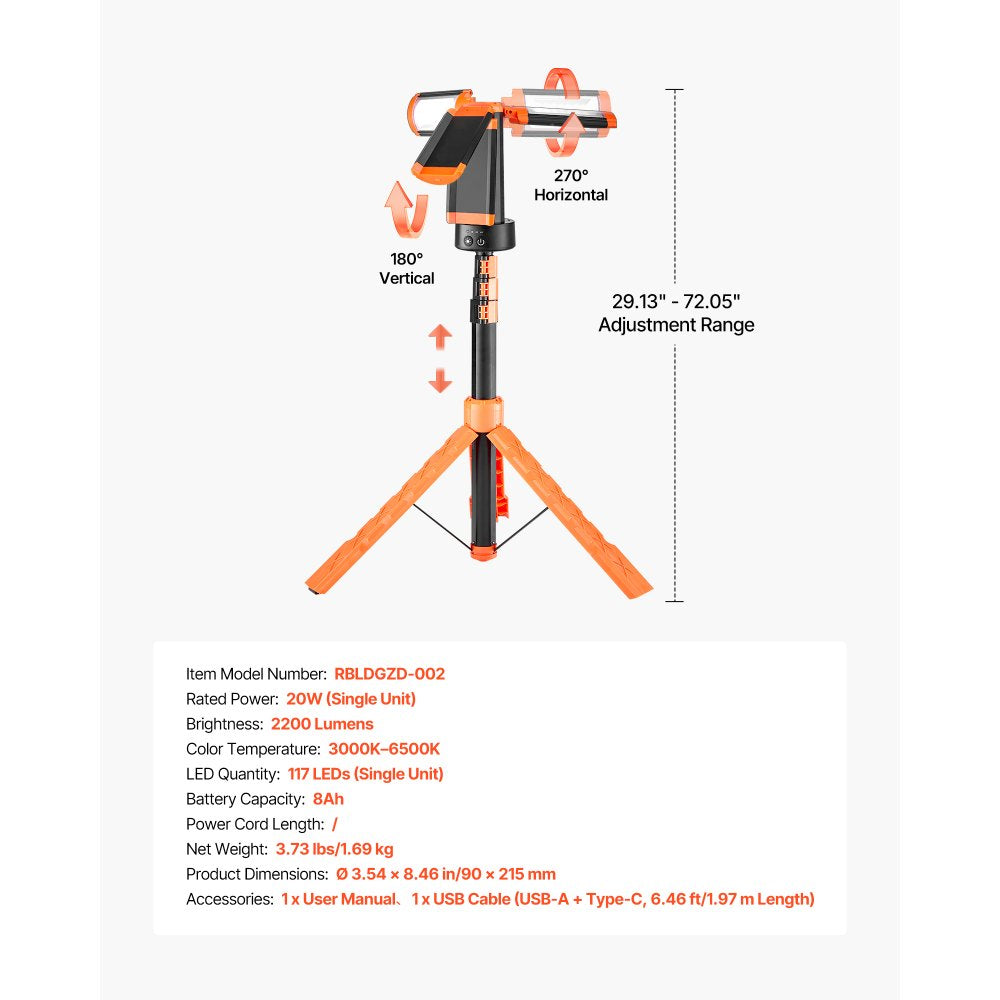VEVOR LED Work Light with Stand, 8Ah, Rechargeable Cordless Camping Light, with 3 Lamp Heads, Detachable Tripod Stand, 2200 Lumens 3000K-6500K Dimmable, Portable Construction Lighting for Job Site