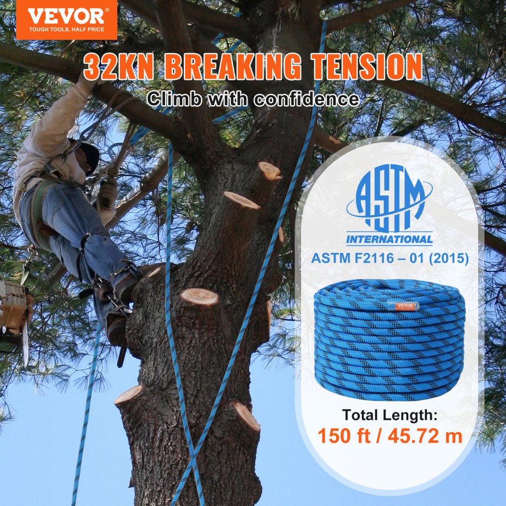 VEVOR 12.7mm Static Climbing Rope, 45.7M(150ft) Outdoor Rock Climbing Rope 30KN Breaking Tension, Fiber Rope with Steel Snap Hooks for Escape, Rappelling, Fire Rescue, Blue