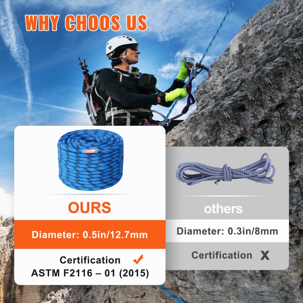 VEVOR 12.7mm Static Climbing Rope, 45.7M(150ft) Outdoor Rock Climbing Rope 30KN Breaking Tension, Fiber Rope with Steel Snap Hooks for Escape, Rappelling, Fire Rescue, Blue