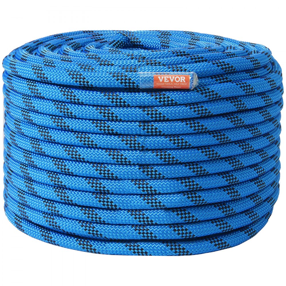 VEVOR 12.7mm Static Climbing Rope, 45.7M(150ft) Outdoor Rock Climbing Rope 30KN Breaking Tension, Fiber Rope with Steel Snap Hooks for Escape, Rappelling, Fire Rescue, Blue