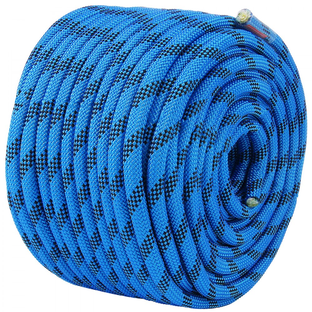 VEVOR 12.7mm Static Climbing Rope, 45.7M(150ft) Outdoor Rock Climbing Rope 30KN Breaking Tension, Fiber Rope with Steel Snap Hooks for Escape, Rappelling, Fire Rescue, Blue