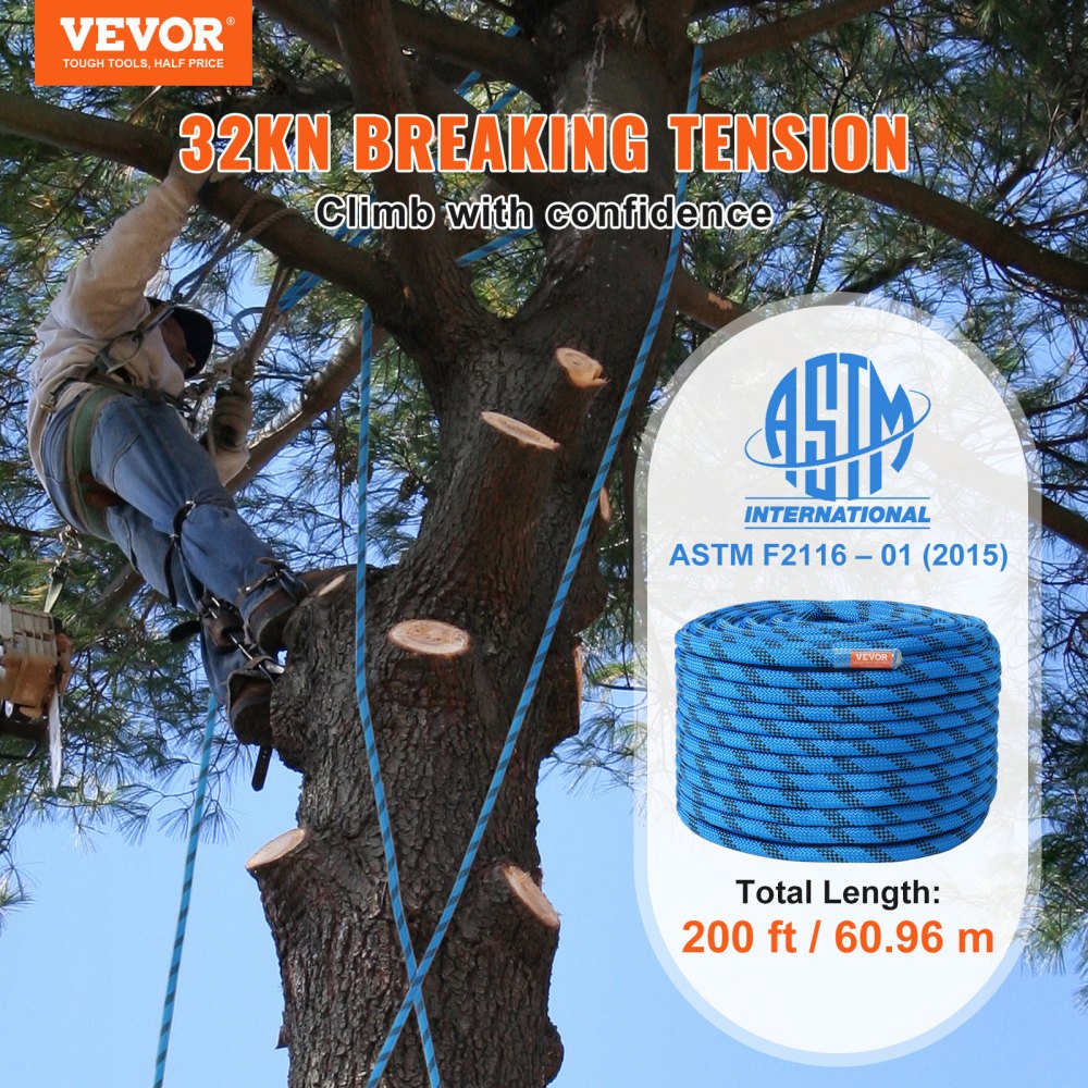 VEVOR 12.7mm Static Climbing Rope, 60.9M(200ft) Outdoor Rock Climbing Rope 30KN Breaking Tension, Fiber Rope for Escape, Rappelling, Fire Rescue, Blue