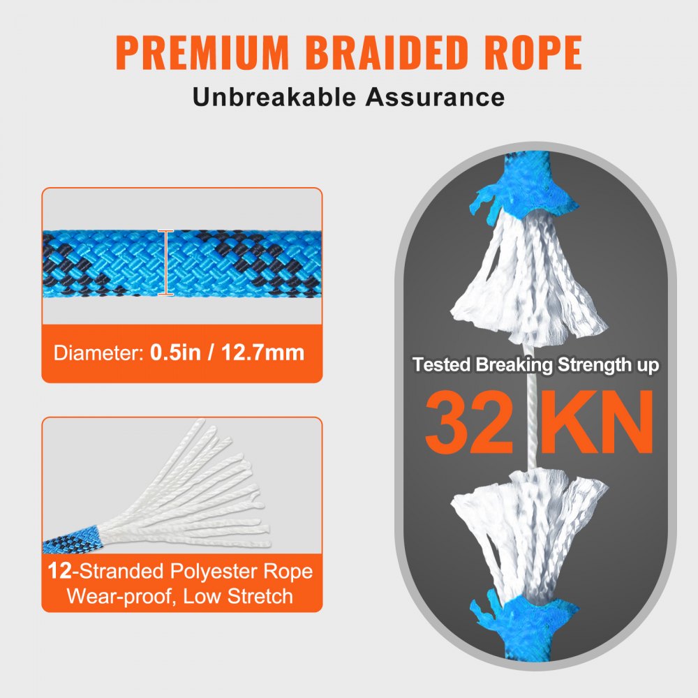 VEVOR 12.7mm Static Climbing Rope, 60.9M(200ft) Outdoor Rock Climbing Rope 30KN Breaking Tension, Fiber Rope for Escape, Rappelling, Fire Rescue, Blue