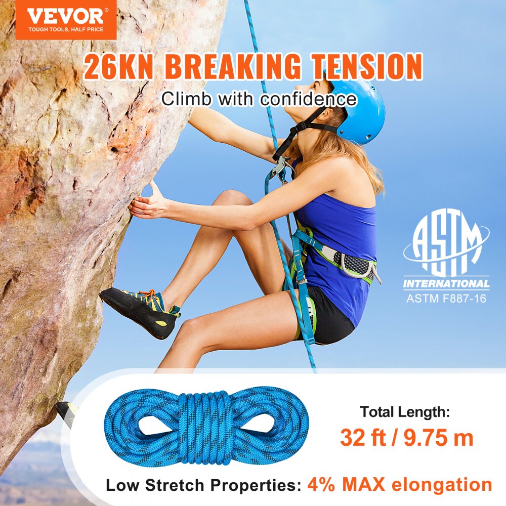 VEVOR 10.5 mm Static Climbing Rope, 9.7M(32ft) Outdoor Rock Climbing Rope 25KN Breaking Tension, Fiber Rope with Steel Snap Hooks for Escape, Rappelling, Fire Rescue, Blue