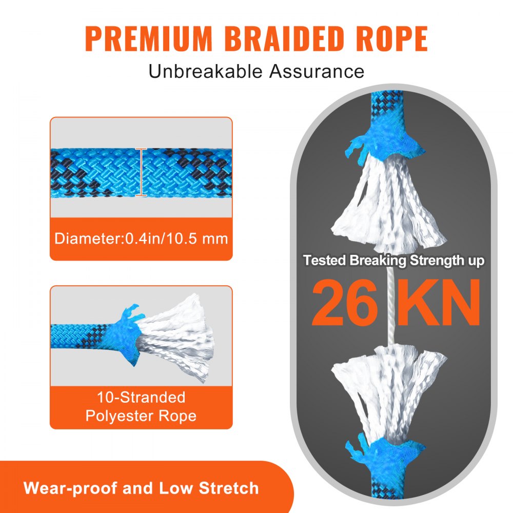 VEVOR 10.5 mm Static Climbing Rope, 9.7M(32ft) Outdoor Rock Climbing Rope 25KN Breaking Tension, Fiber Rope with Steel Snap Hooks for Escape, Rappelling, Fire Rescue, Blue